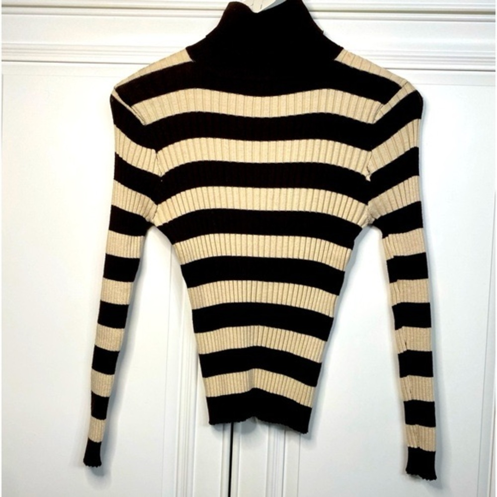 NWT Womens Size Large Brown Camel Striped Turtleneck Sweater Ribbed Top Shirt
